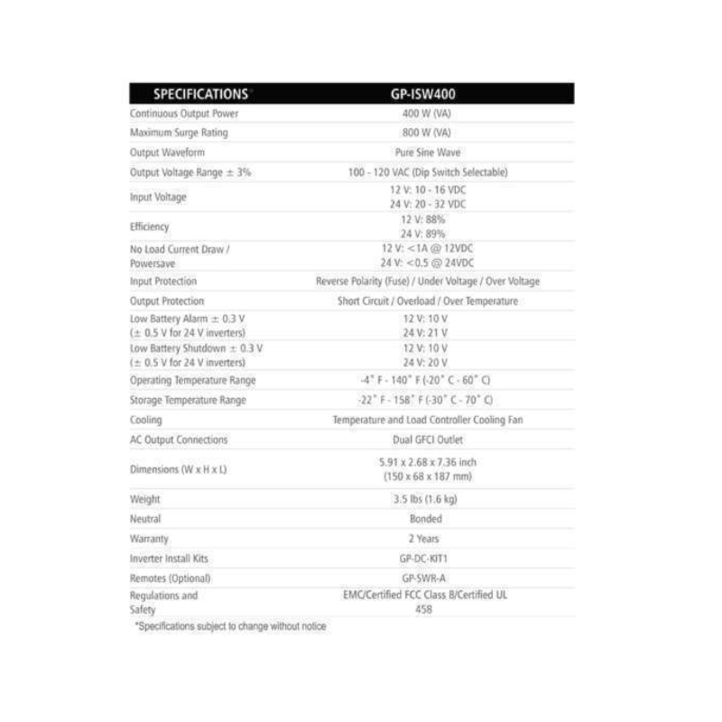 Go Power GP-ISW400 400W Industrial Pure Sine Wave Inverter | RogueFuel.ca | Munro Industries